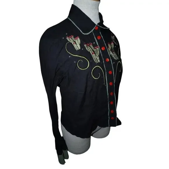 Collectif London Western Cactus Embroidered Shirt Black Red Buttons Size S UK 10 - Picture 3 of 12
